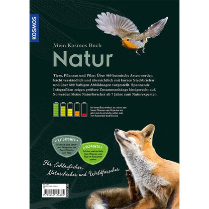 Buchrückseite „Mein Kosmos Buch Natur“ – ein Fuchs liegt unten im Bild, oben fliegt ein Vogel, Textbeschreibung zum Inhalt.