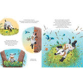 Doppelseite eines illustrierten Kinderbuchs mit einem Dachs, der Äste und Blätter für ein neues Zuhause sammelt, klettert und in einen Blätterhaufen springt.
