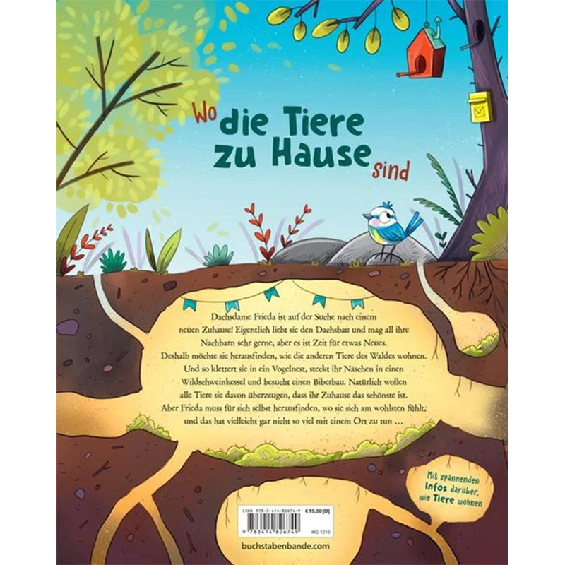 Rückseite eines Kinderbuchs mit bunten Illustrationen: Ein Vogel sitzt über einem Erdloch, darunter sind Gänge und Höhlen zu sehen, die als Tierwohnungen dargestellt sind.
