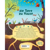 Rückseite eines Kinderbuchs mit bunten Illustrationen: Ein Vogel sitzt über einem Erdloch, darunter sind Gänge und Höhlen zu sehen, die als Tierwohnungen dargestellt sind.
