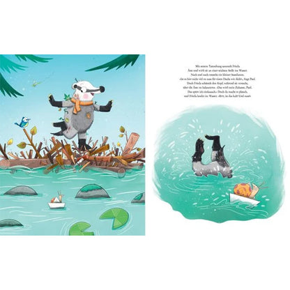 Illustration aus einem Kinderbuch: Ein Dachs mit Schal steht auf einem Holzhaufen im Wasser, daneben schwimmt er fröhlich auf dem Rücken zwischen Seerosenblättern.
