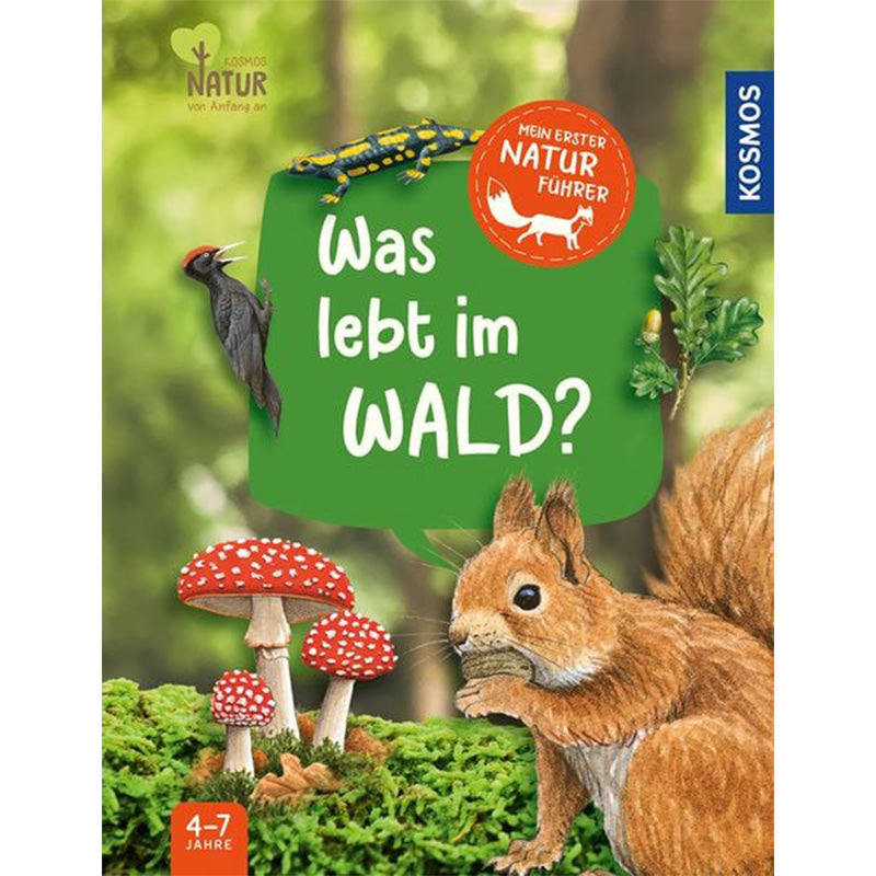 Buchcover „Was lebt im Wald?“ mit Illustrationen von Eichhörnchen, Specht, Salamander, Eichenblatt und Fliegenpilzen.
