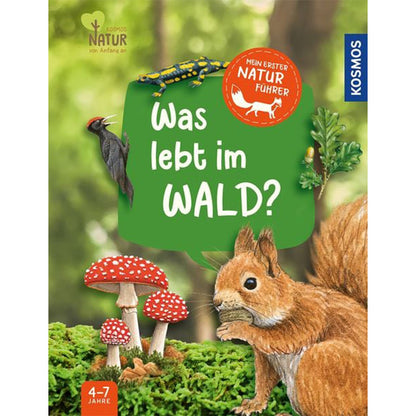 Buchcover „Was lebt im Wald?“ mit Illustrationen von Eichhörnchen, Specht, Salamander, Eichenblatt und Fliegenpilzen.
