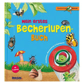 Buchcover von „Mein erstes Becherlupen-Buch“. Buntes Naturmotiv mit Insekten wie Schnecke, Käfer und Spinne sowie einer Becherlupe mit Kind im Inneren