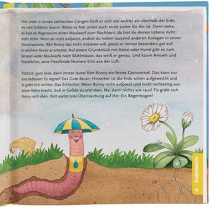 Buchseite. Illustration eines lachenden Regenwurms mit Regenschirm neben Gänseblümchen im Erdreich, Text darüber.