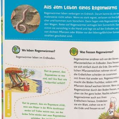 Buchseite. Sachinformationen über Regenwürmer mit Bild eines Regenwurms und kleinen Illustrationen zum Thema Lebensraum und Ernährung.