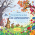 Buchcover von „Mein erstes Pop-up-Buch – Die Jahreszeiten“. Bunte Wald- und Wiesenlandschaft mit Hasen, Vögeln und einem Eichhörnchen. Die vier Jahreszeiten sind farbenfroh dargestellt.