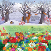 Innenseite – Frühlings-/Sommerwiese. Viele bunte Blumen und ein großer Schmetterling als Pop-up. Tiere und Insekten erwachen. Innenseite – Winterlandschaft. Schnee, Tiere im Wald wie Reh, Fuchs, Eule und Hase. Erste Pop-up-Elemente sichtbar.
