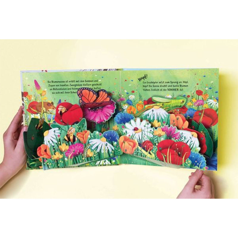 Detailansicht Pop-up-Seite. Farbenfrohe Sommerwiese mit beeindruckenden Pop-up-Blumen.