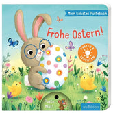 ChatGPT:

Buchcover: Titel „Frohe Ostern!“ aus der Reihe Mein liebstes Pustebuch, zeigt einen Hasen mit Brille, der ein buntes, leuchtendes Osterei umarmt – mit Küken, Schmetterlingen und Blumen auf der Wiese.