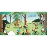 Buchseite: Waldszene mit Reh, Igel, Waschbär, Bär und Vögeln, die sich über gefüllte Osternester freuen – fröhliche Stimmung im Frühling.