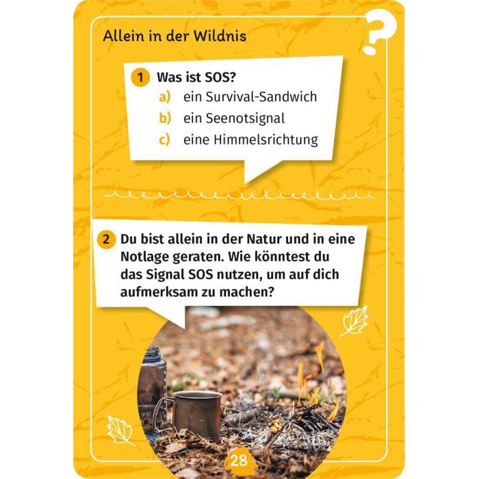 Inhaltsseite aus dem Spiel Outdoor Forscherquiz für Kinder zum Thema Allein in der Wildnis