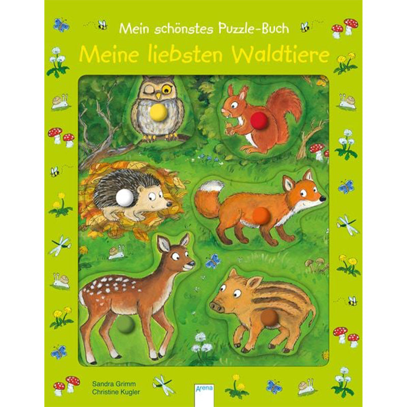 Buchcover von „Mein schönstes Puzzle-Buch – Meine liebsten Waldtiere“. Bunte Illustration mit Fuchs, Rehkitz, Wildschwein, Igel, Eichhörnchen und Eule. Die Holzpuzzleteile mit Griffen sind direkt im Buchdeckel integriert.