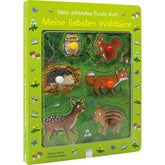 Schrägansicht des Buches. Zeigt das stabile Puzzle-Cover mit herausnehmbaren Tierfiguren und farbenfrohem Waldhintergrund.