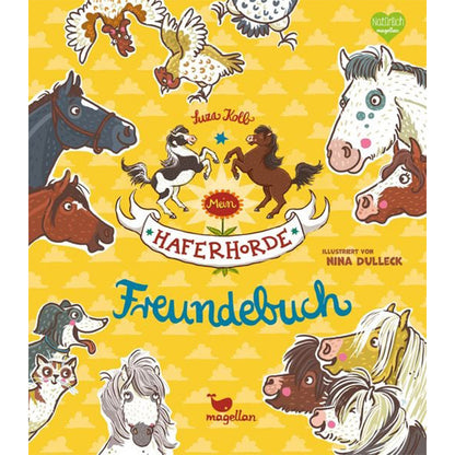 Mein Haferhorde Freundebuch – Cover mit Pferden und Tieren auf gelbem Hintergrund
