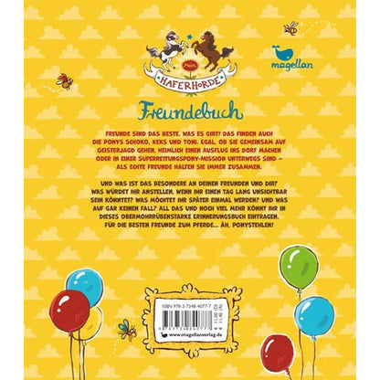 Mein Haferhorde Freundebuch – Rückseite mit Buchbeschreibung und bunten Luftballons