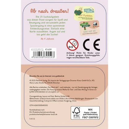 Rückseite der Box mit Beschreibung des Spiels, CE-Kennzeichnung und Warnhinweis für Kinder unter 3 Jahren.