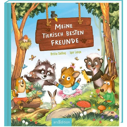 Buchcover von „Meine tierisch besten Freunde“. Mehrere Tierkinder wie Waschbär, Wildschwein, Hase und Stinktier sitzen fröhlich im Wald.