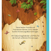 Buchrückseite von „Meine tierisch besten Freunde“. Textseite mit Baumrinde und kleinen Insekten im Wald.