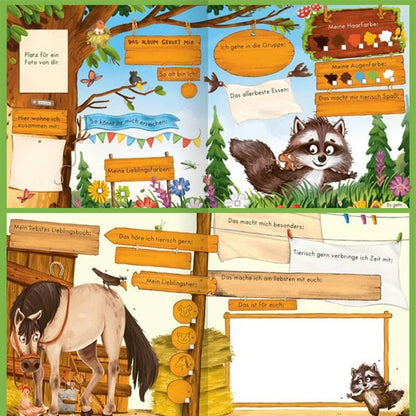 Buchseite aus dem Freundebuch. Bunte Eintrageseite mit Waschbär und vielen Feldern zum Ausfüllen.