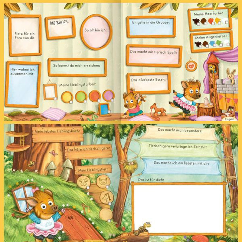 Buchseite aus dem Freundebuch. Eintrageseiten mit Pferd und Waldhintergrund.