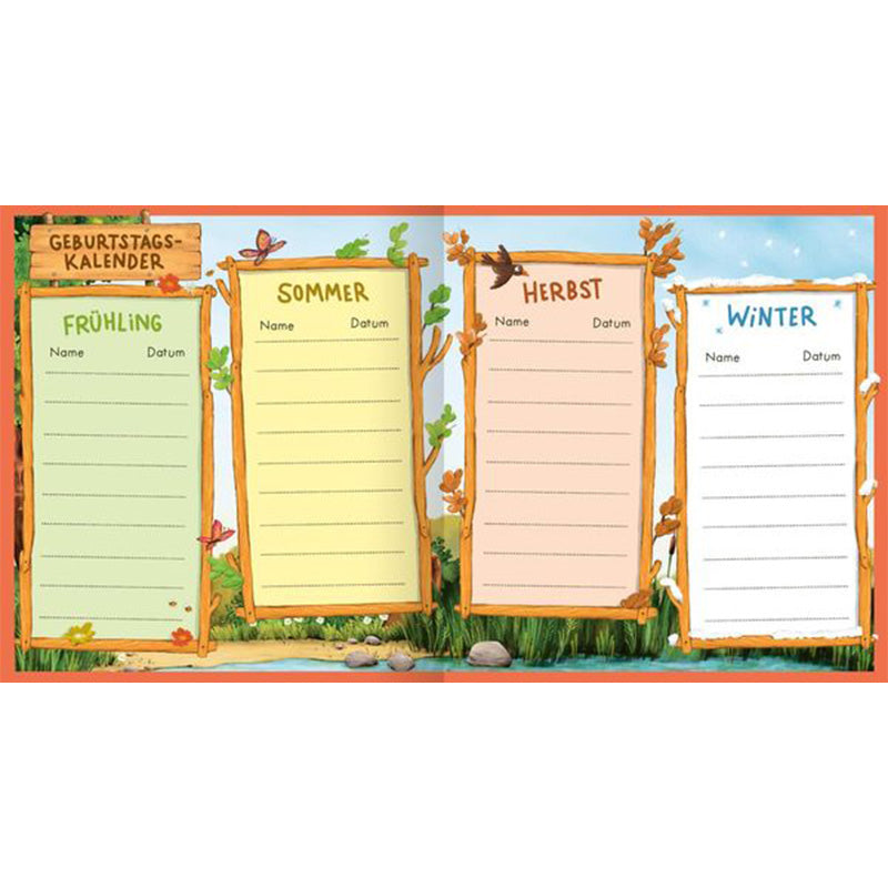 Buchseite aus dem Freundebuch. Geburtstagskalender für Frühling, Sommer, Herbst und Winter mit Waldmotiv.