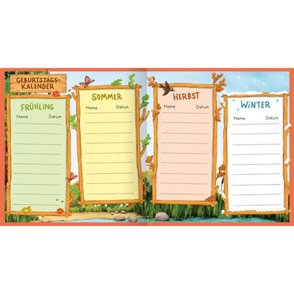 Buchseite aus dem Freundebuch. Geburtstagskalender für Frühling, Sommer, Herbst und Winter mit Waldmotiv.