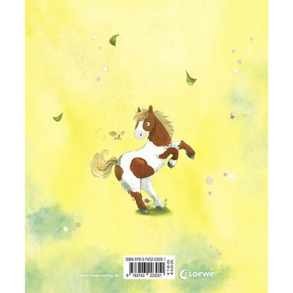 Meine Freunde Ponys Freundebuch – Rückseite mit Illustration eines Ponys auf gelbem Hintergrund