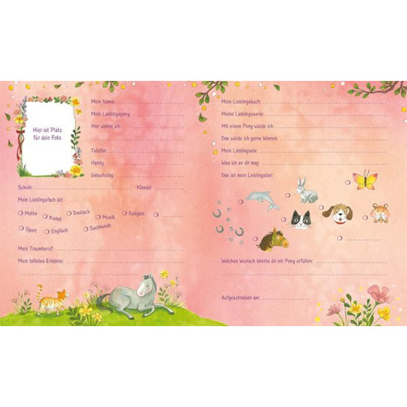Meine Freunde Ponys Freundebuch – Doppelseite zum Ausfüllen mit Fragen und Illustrationen von Tieren