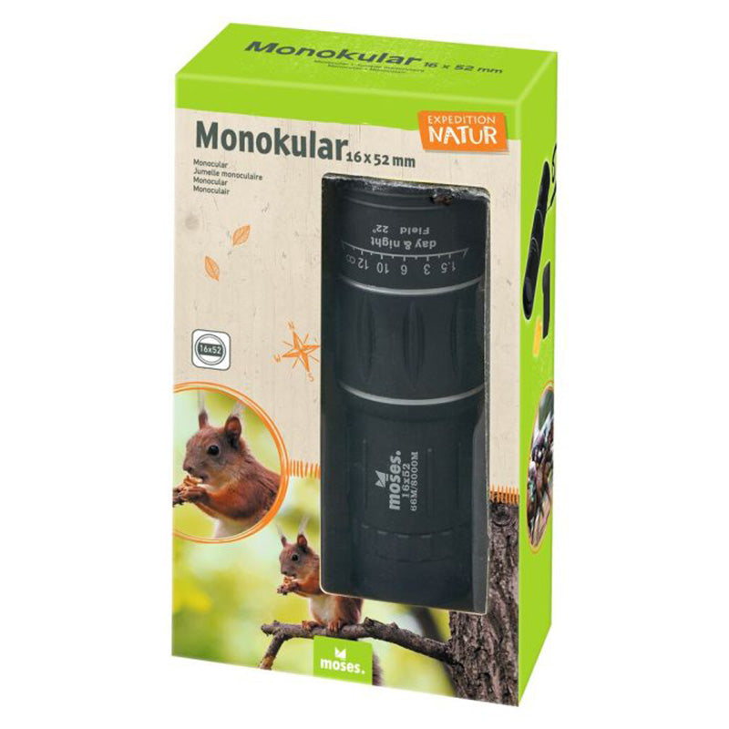 Verpackung des „Expedition Natur“ Monokulars (16 x 52 mm), mit Sichtfenster und Tiermotiv.