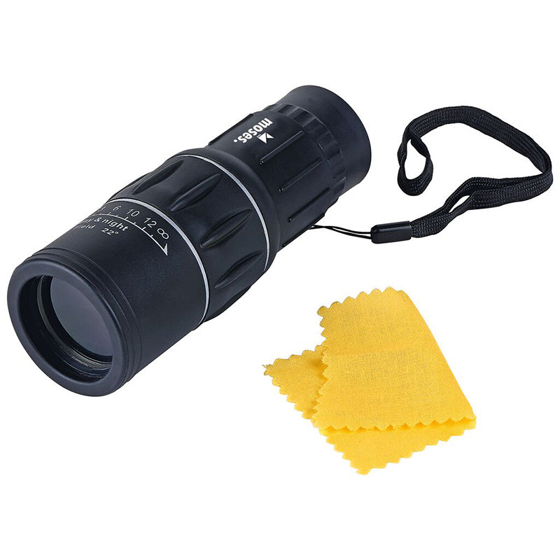 Schwarzes Monokular mit Handschlaufe und gelbem Reinigungstuch.