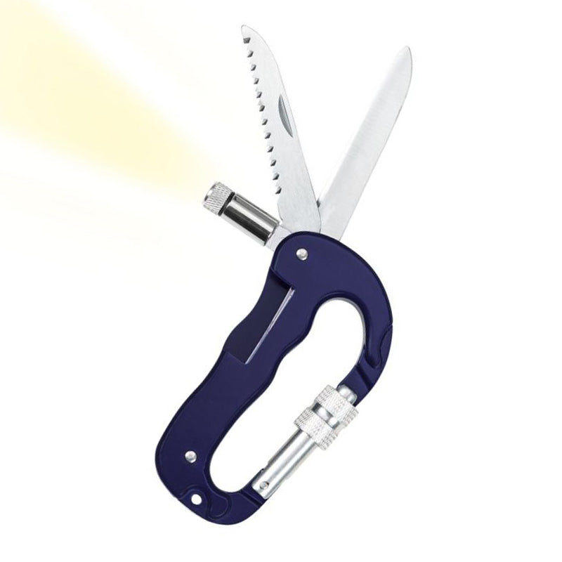 Multifunktions-Karabiner in Dunkelblau mit integriertem Messer, Säge und LED-Licht, geöffnet.