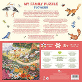 Rückseite der Puzzle-Verpackung „My Family Puzzle – Flowers“ mit Text in mehreren Sprachen, Infos zu Nachhaltigkeit, Altersempfehlung (8+) und Abbildung des fertig zusammengesetzten Puzzles (500 Teile, Motiv: Blumenwiese mit vielen Tieren).