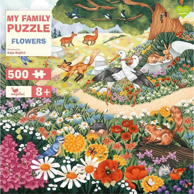 Vorderseite der Puzzle-Verpackung „My Family Puzzle – Flowers“ mit der bunten Blumenwiese als Illustration, Angaben zu 500 Teilen und Altersempfehlung ab 8 Jahren.