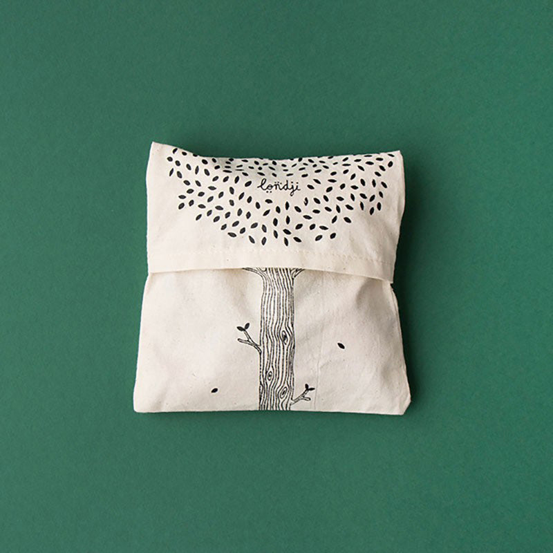 Stoffbeutel mit Baumillustration und „Londji“-Schriftzug.