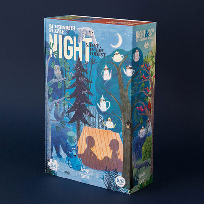 Schachtel des Puzzles „Night &amp; Day in the Forest“ mit Waldmotiv bei Nacht, Tieren und Zelt.