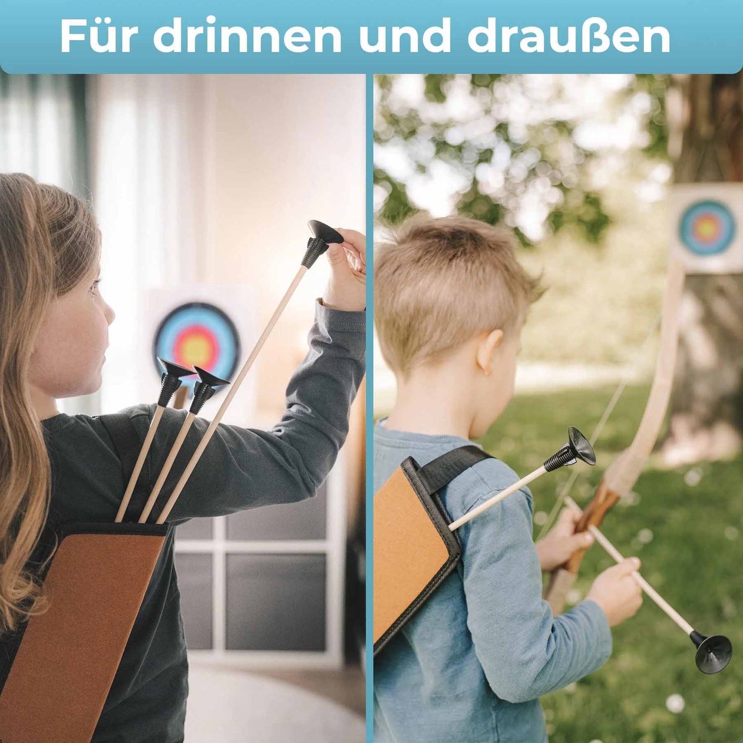 Holzbogen Set mit 6 Saugnapf-Pfeilen, Zielscheibe, Köcher