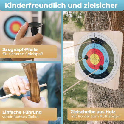 Holzbogen Set mit 6 Saugnapf-Pfeilen, Zielscheibe, Köcher