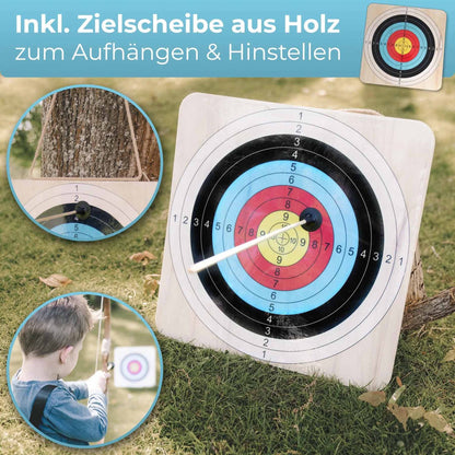 Holzbogen Set mit 6 Saugnapf-Pfeilen, Zielscheibe, Köcher
