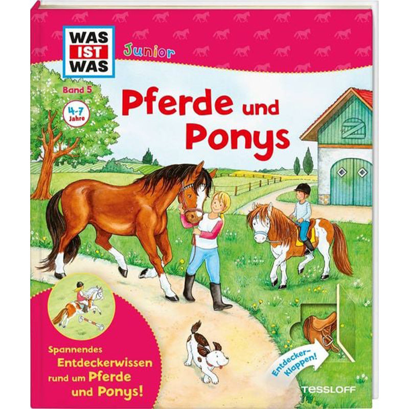 Buchcover „Was ist Was Junior – Pferde und Ponys“ (Band 5) – ein farbenfrohes Sachbuch für Kinder von 4–7 Jahren mit spannendem Entdeckerwissen über Pferdepflege, Verhalten und Reiten.