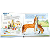Innenseiten mit anschaulichen Illustrationen und Klappen, die zeigen, wie man ein Pferd richtig pflegt und was dabei wichtig ist.