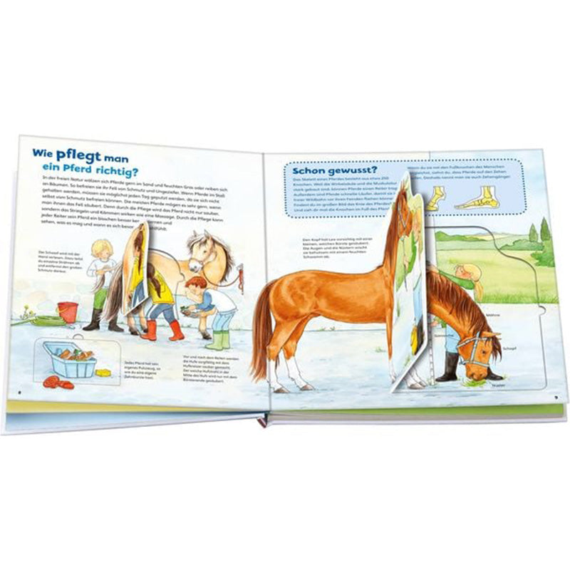 Innenseiten mit anschaulichen Illustrationen und Klappen, die zeigen, wie man ein Pferd richtig pflegt und was dabei wichtig ist.