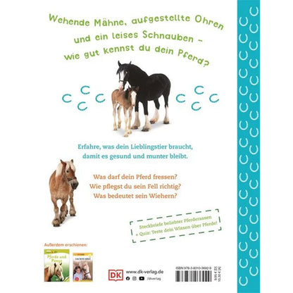 Buchrückseite: Fotos von mehreren Pferden, darunter ein Fohlen, mit Hufeisen-Muster und Text über Pferdewissen.