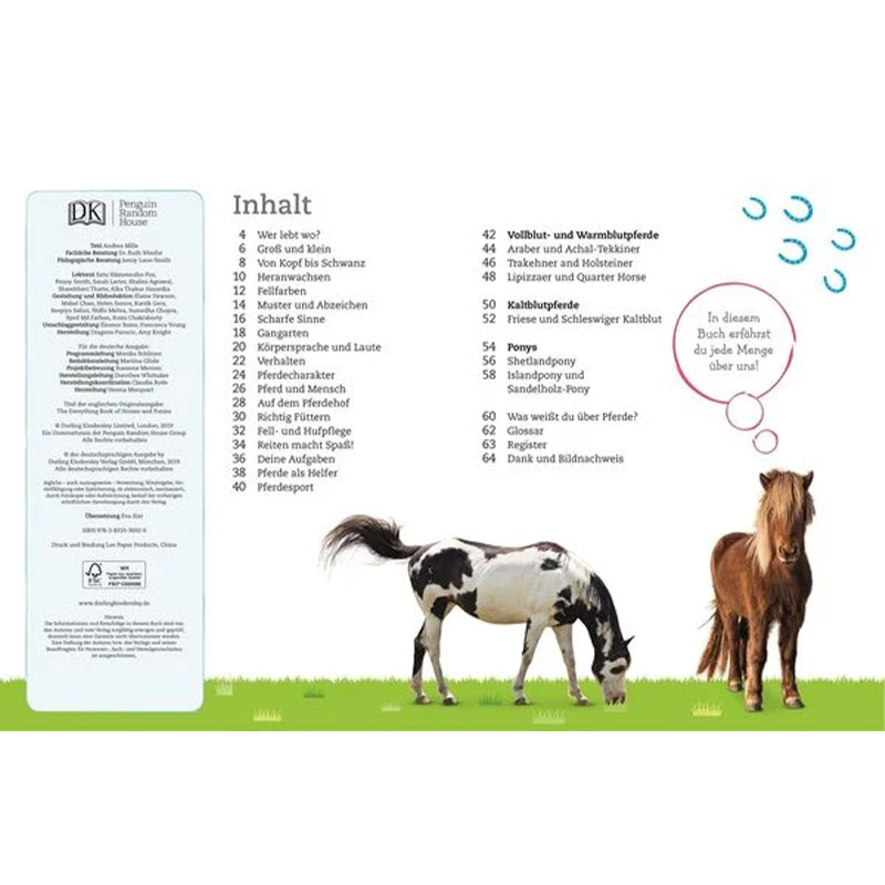 Buchseite (Inhaltsverzeichnis): Zwei Pferde auf einer Wiese, daneben eine Liste mit Kapiteln über Pferde und Ponys.