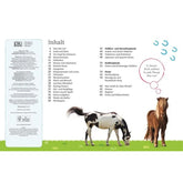 Buchseite (Inhaltsverzeichnis): Zwei Pferde auf einer Wiese, daneben eine Liste mit Kapiteln über Pferde und Ponys.