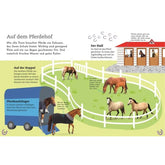 Buchseite: Illustration eines Pferdehofs mit Ställen, eingezäunter Koppel und Pferdeanhänger, auf dem Pferde grasen und bewegt werden.