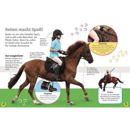 Buchseite: Ein Kind reitet auf einem braunen Pferd mit Helm und Reitausrüstung; kleine Bilder zeigen Zaumzeug und Rodeo-Szene.