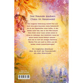 Rückseite des Buchs mit farbenfroher Waldillustration und Klappentext über Pina, ihre Freunde und ein magisches Abenteuer.