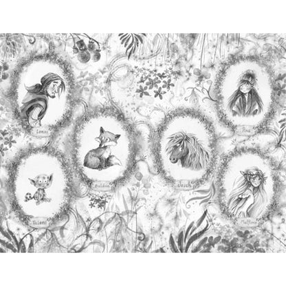 Schwarz-weiße Zeichnung der Hauptfiguren – Lenas, Balduin (Fuchs), Josch (Pony), Talami und Pina – eingerahmt von Blumenranken.