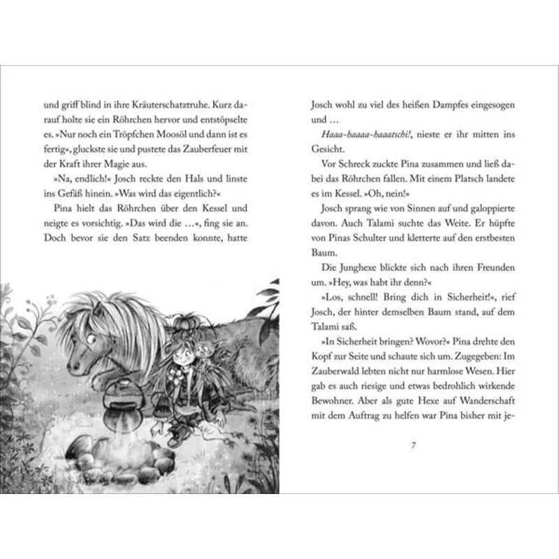 Illustrierte Buchseite mit Pina und Pony Josch beim Zaubern, während eine Szene im Zauberwald beschrieben wird.